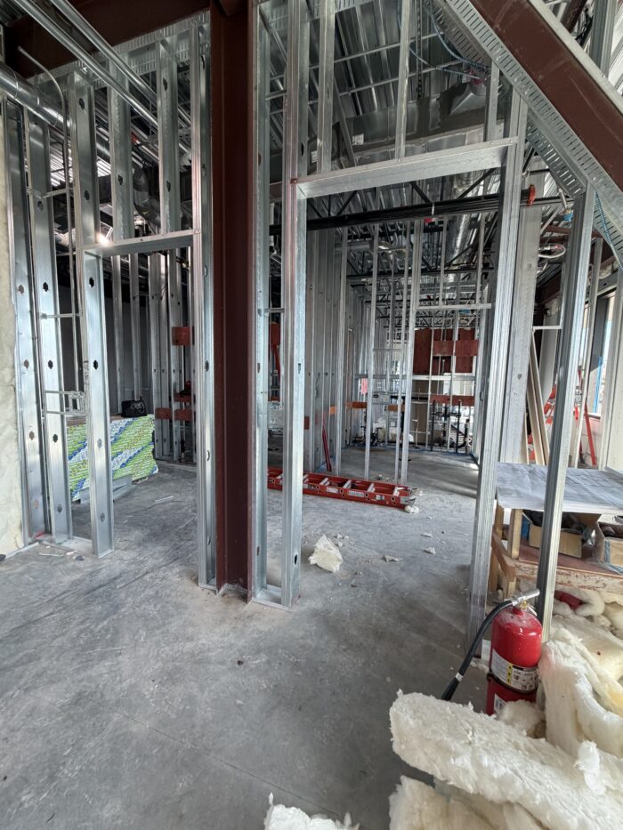Second floor drywall framing is underway