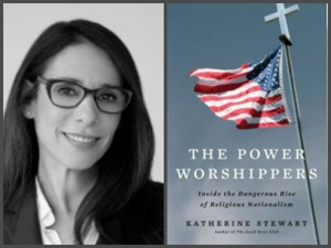 Split image of the book cover for The Power Worshippers and a picture of Katherine Stewart.